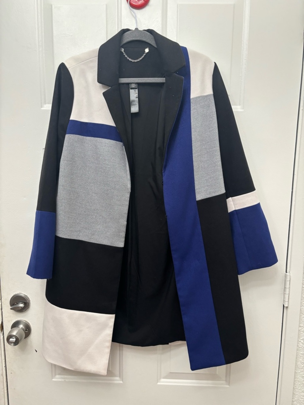 Chico's Colorblock Open-Front Trench Coat in Blue, Black & Gray